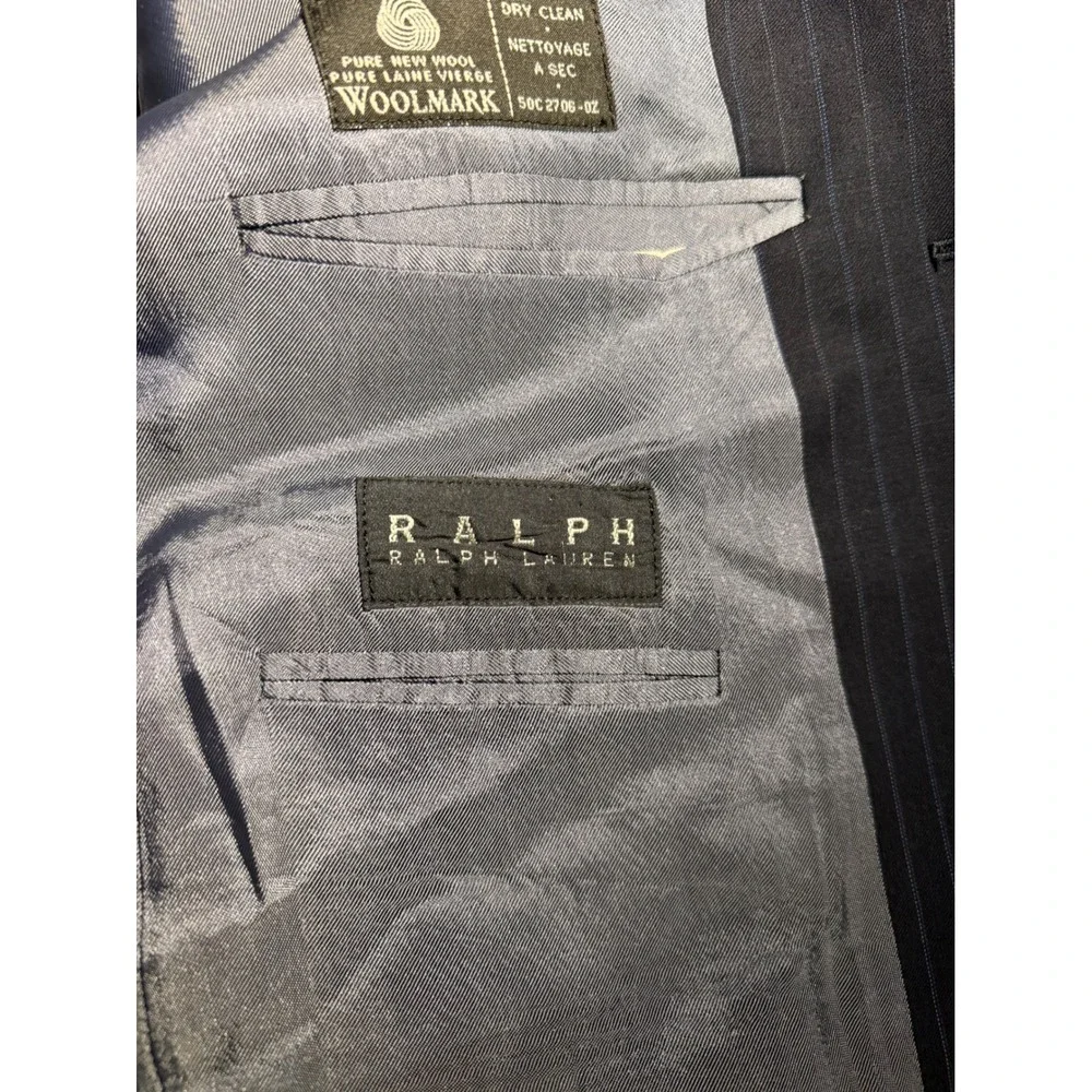 Ralph Ralph Lauren Mens Pinstripe Suit Navy Blue Wool 3 Button Blazer 42R 33x33